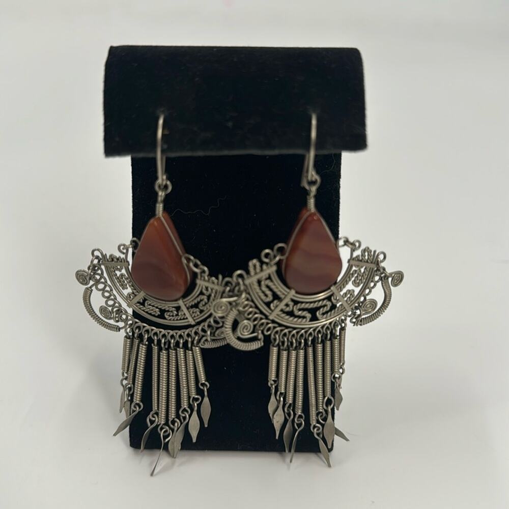 Large Carnelian wire wrapped tassel statement earrings